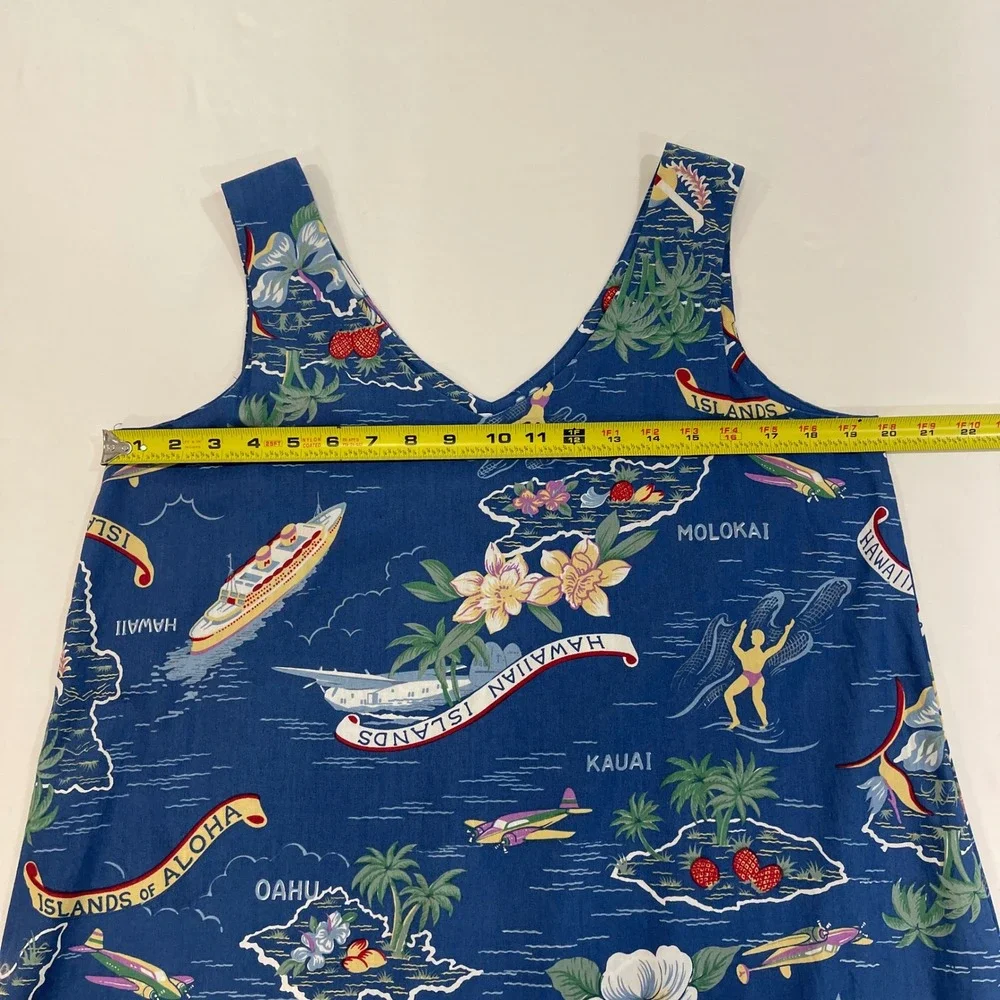 Hilo Hattie Hawaiian Islands Map Dress‎ Womens Medium Blue Ruffle Hem | Tropical